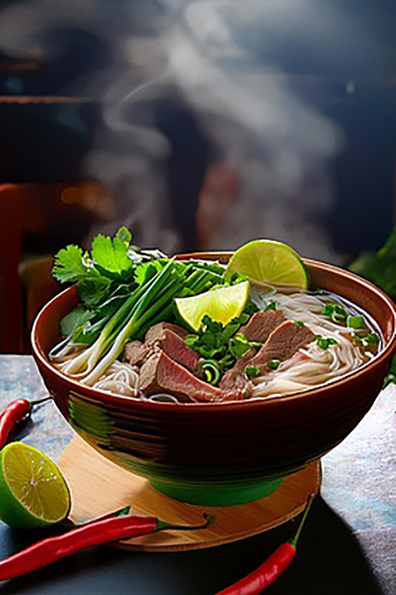 Steaming bowl of beef noodle soup